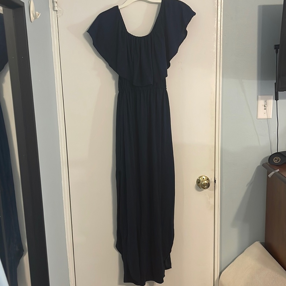 Blue casual stretchy dress with pockets (floor length)